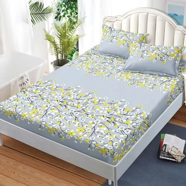 Cearsaf cu Elastic, Bumbac Satinat, 180x200 cm + 2 Fete de Perna 50x70 cm, Bleu, Crengute