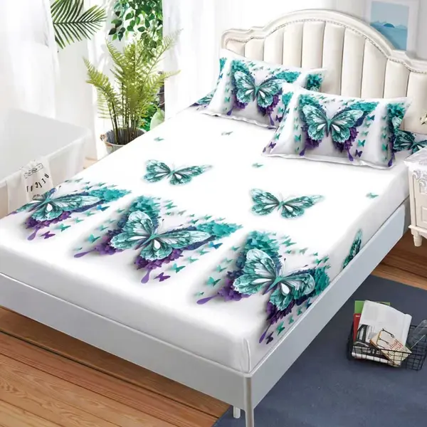 Cearsaf cu Elastic, Bumbac Satinat, 180x200 cm + 2 Fete de Perna 50x70 cm, Alb, fluturi turcuaz