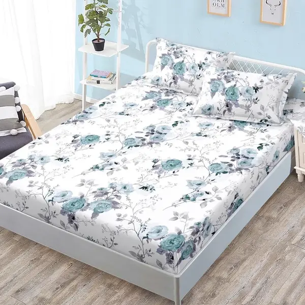 Cearsaf cu Elastic, Bumbac Satinat, 180x200 cm + 2 Fete de Perna 50x70 cm, Alb, flori albastre