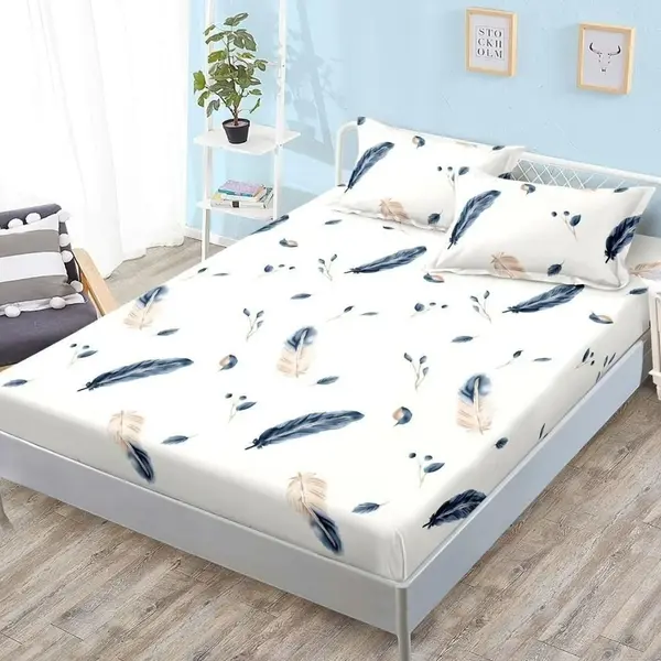 Cearsaf cu Elastic, Bumbac Satinat, 180x200 cm + 2 Fete de Perna 50x70 cm, Crem, Pene