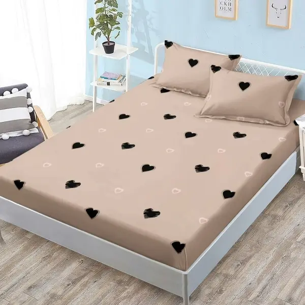 Cearsaf cu Elastic, Bumbac Satinat, 180x200 cm + 2 Fete de Perna 50x70 cm, Maro, Inimioare