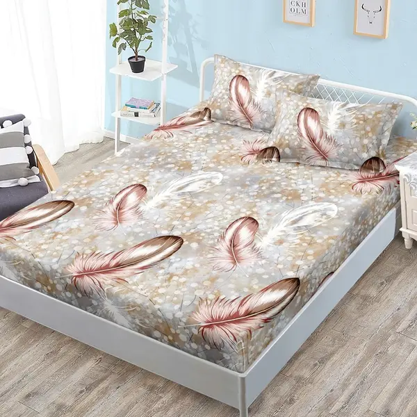 Cearsaf cu Elastic, Bumbac Satinat, 180x200 cm + 2 Fete de Perna 50x70 cm, Bej, pene