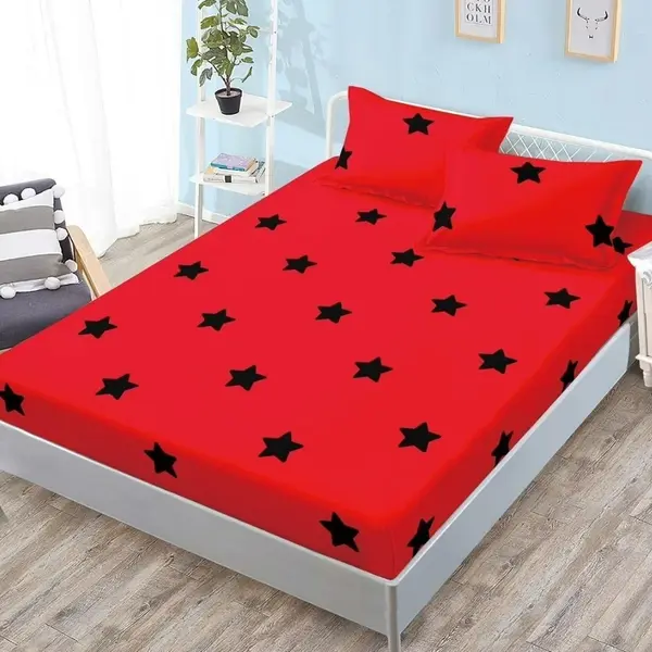Cearsaf cu Elastic, Bumbac Satinat, 180x200 cm + 2 Fete de Perna 50x70 cm, Rosu, Stelute