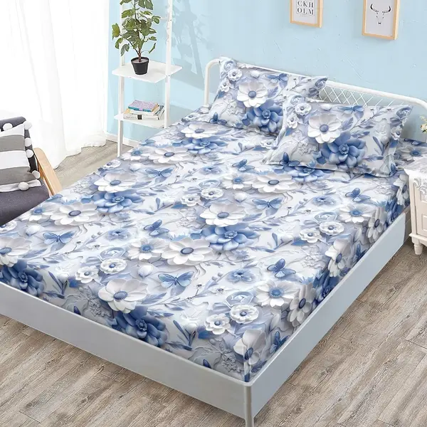 Cearsaf cu Elastic, Bumbac Satinat, 180x200 cm + 2 Fete de Perna 50x70 cm, Albastru, flori