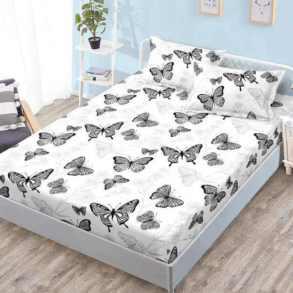 Cearsaf cu Elastic, Bumbac Satinat, 180x200 cm + 2 Fete de Perna 50x70 cm, Alb, fluturi