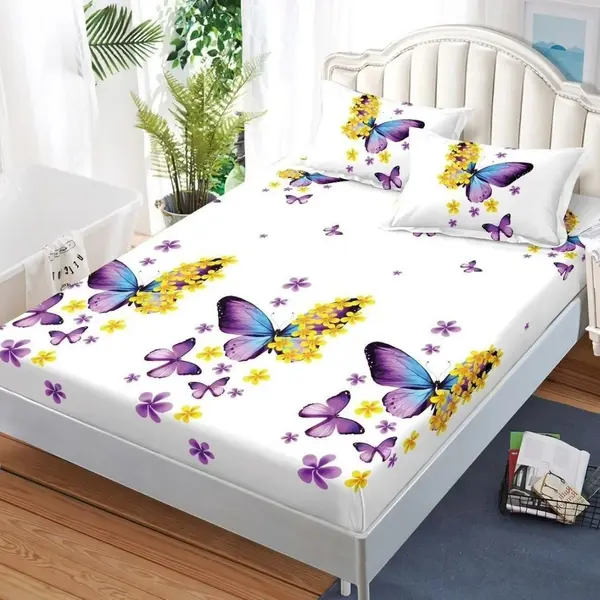 Cearsaf cu Elastic, Bumbac Satinat, 180x200 cm + 2 Fete de Perna 50x70 cm, Alb, Mov, Fluturi