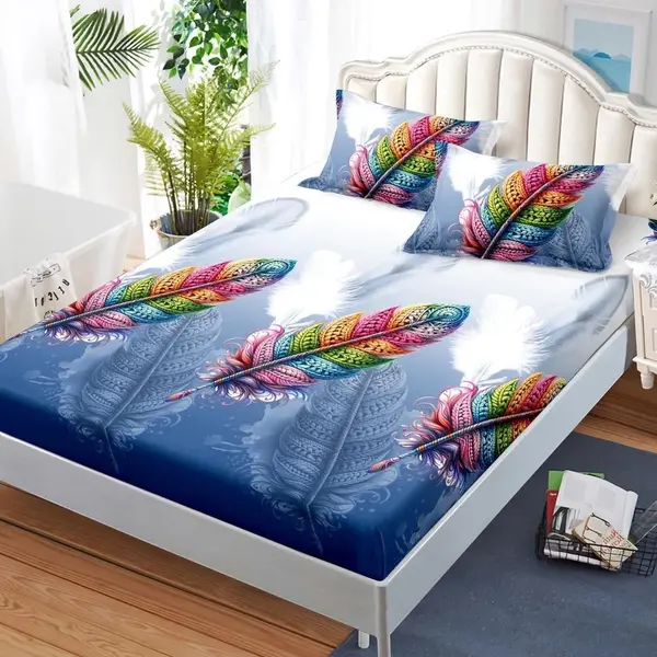 Cearsaf cu Elastic, Bumbac Satinat, 180x200 cm + 2 Fete de Perna 50x70 cm, Albastru, pene colorate