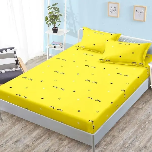 Cearsaf cu Elastic, Bumbac Satinat, 180x200 cm + 2 Fete de Perna 50x70 cm, Galben, Gene