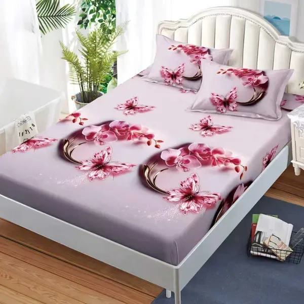 Cearsaf cu Elastic, Bumbac Satinat, 180x200 cm + 2 Fete de Perna 50x70 cm, Roz, flori si fluturi