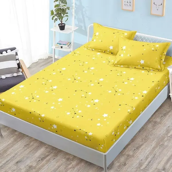 Cearsaf cu Elastic, Bumbac Satinat, 180x200 cm + 2 Fete de Perna 50x70 cm, Galben, Stelute