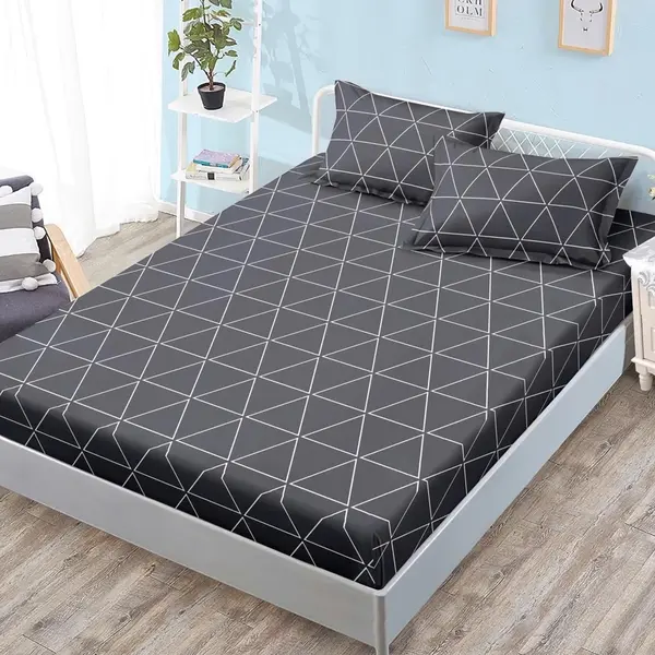 Cearsaf cu Elastic, Bumbac Satinat, 180x200 cm + 2 Fete de Perna 50x70 cm, Gri, triunghiuri
