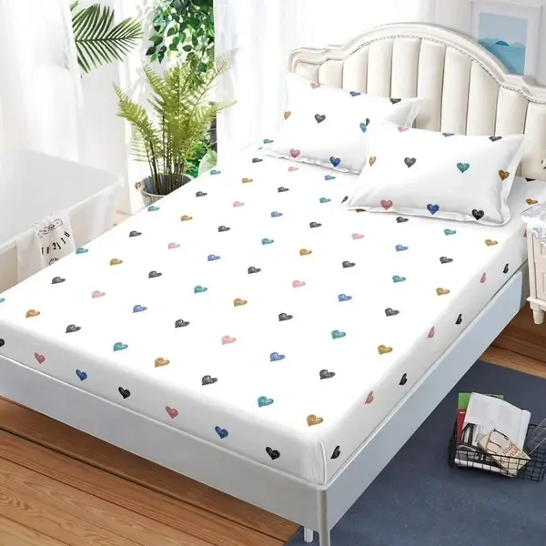 Cearsaf cu Elastic, Bumbac Satinat, 180x200 cm + 2 Fete de Perna 50x70 cm, Alb, Inimioare