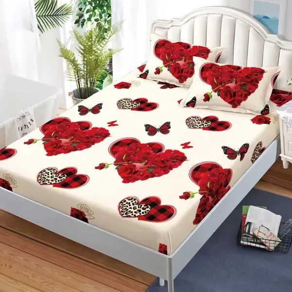 Cearsaf cu Elastic, Bumbac Satinat, 180x200 cm + 2 Fete de Perna 50x70 cm, Crem, inimioare rosii