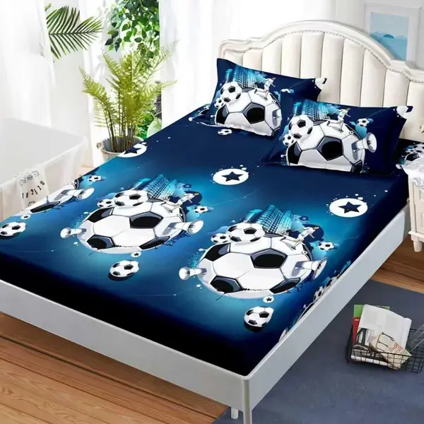 Cearsaf cu Elastic, Bumbac Satinat, 180x200 cm + 2 Fete de Perna 50x70 cm, Albastru, minge de fotbal