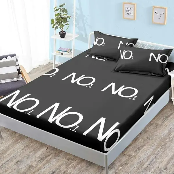 Cearsaf cu Elastic, Bumbac Satinat, 180x200 cm + 2 Fete de Perna 50x70 cm, Negru, No.1