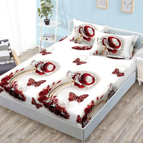 Cearsaf cu Elastic, Bumbac Satinat, 180x200 cm + 2 Fete de Perna 50x70 cm, Alb, trandafiri si fluturi