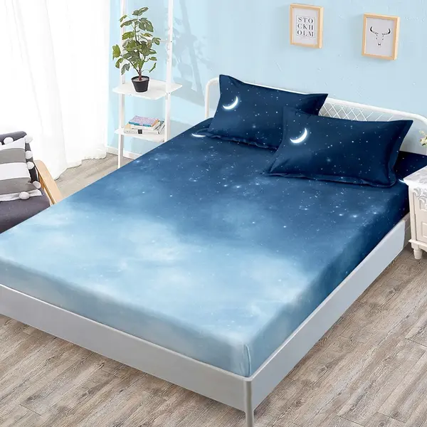 Cearsaf cu Elastic, Bumbac Satinat, 180x200 cm + 2 Fete de Perna 50x70 cm, Albastru, degrade stelute