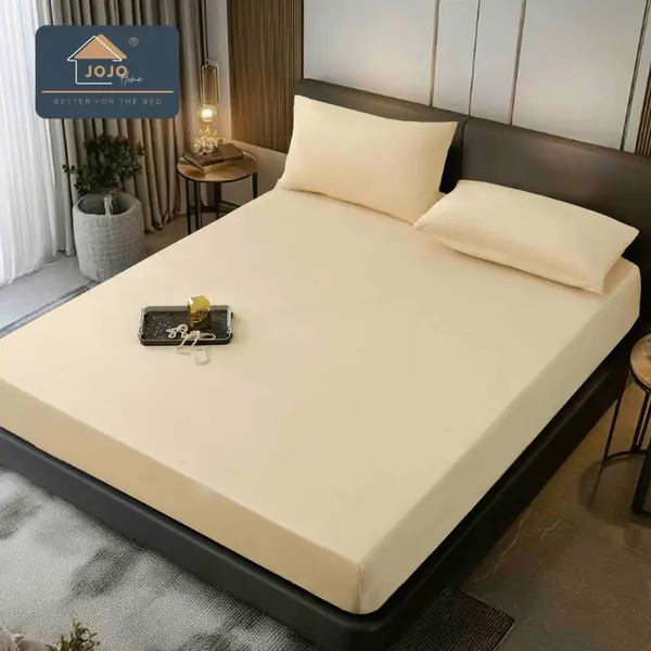 Cearsaf cu elastic, Catifea, 160/180x200cm, 2 fete de perne 50x70cm, Jojo Home, Crem