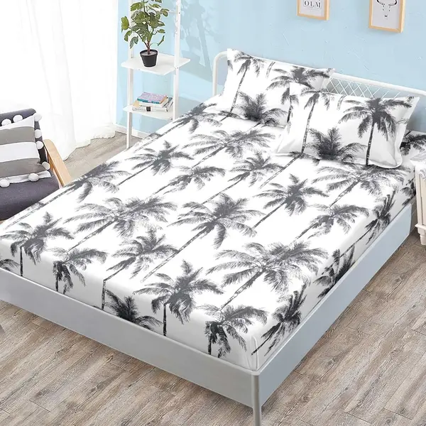 Cearsaf cu elastic, FINET, 180x200cm, 2 fete de perne 50x70cm, Alb, Gri, palmieri