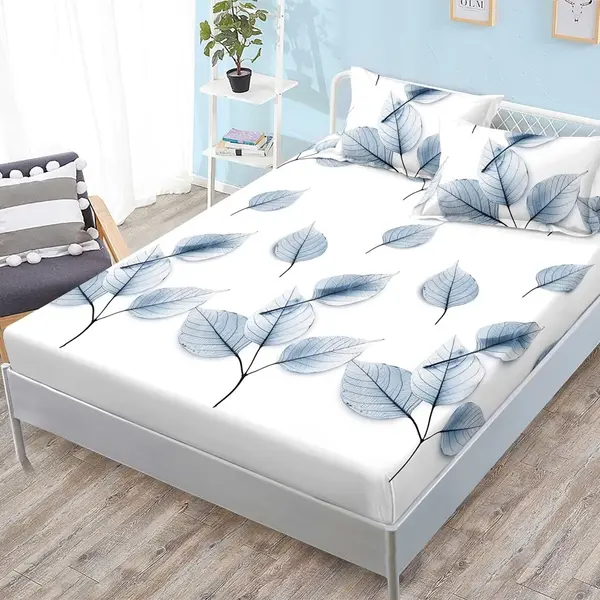 Cearsaf cu elastic, FINET, 180x200cm, 2 fete de perne 50x70cm, Alb, frunze albastre