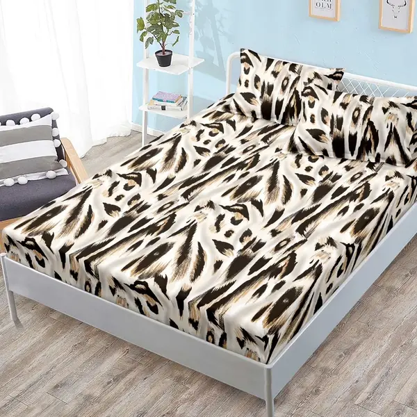 Cearsaf cu elastic, FINET, 180x200cm, 2 fete de perne 50x70cm, Crem, Maro, animal print