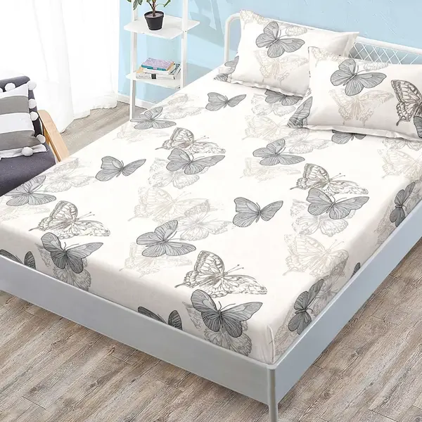 Cearsaf cu elastic, FINET, 180x200cm, 2 fete de perne 50x70cm, Crem, fluturi