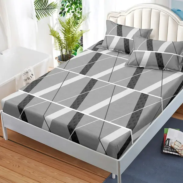 Cearsaf cu elastic, FINET, 180x200cm, 2 fete de perne 50x70cm, Gri, dungi