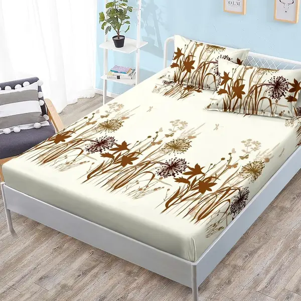 Cearsaf cu elastic, FINET, 180x200cm, 2 fete de perne 50x70cm, Maro, flori