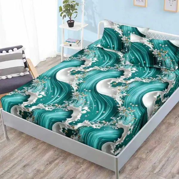 Cearsaf cu elastic, FINET, 180x200cm, 2 fete de perne 50x70cm, Verde turcuaz, abstract