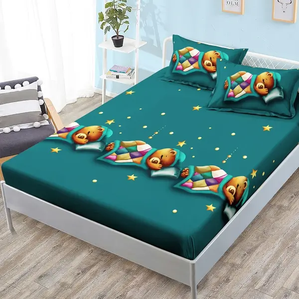 Cearsaf cu elastic, FINET, 180x200cm, 2 fete de perne 50x70cm, Verde, ursuleti