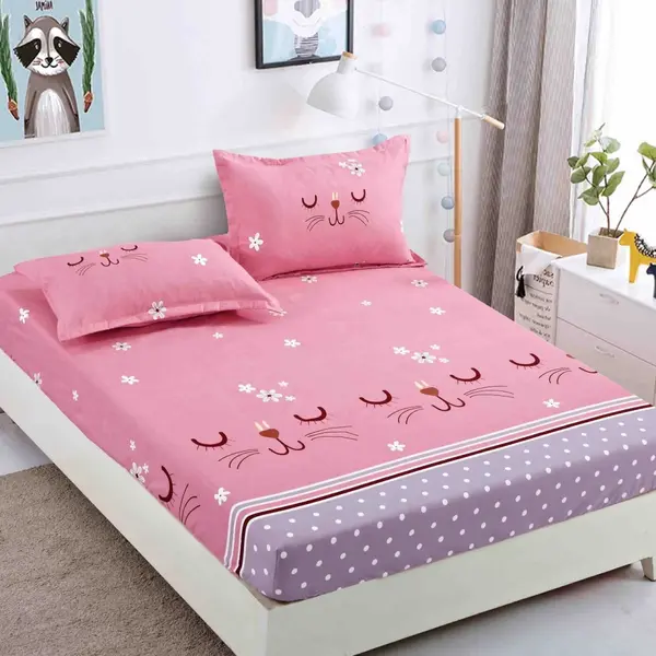 Cearsaf de pat cu elastic si 2 fete de perna Sleepy Kitty 90x200 cm (Finet)