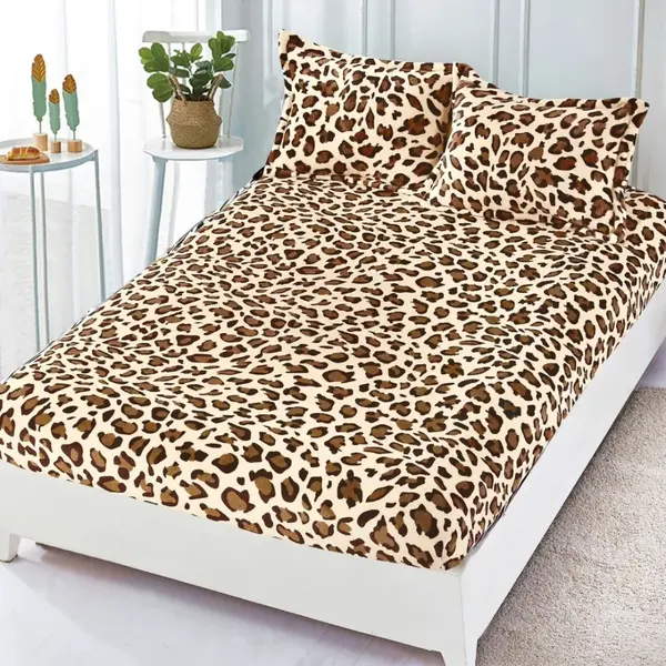 Cearsaf / Husa cu Elastic Cocolino 180x200cm si 2 fete de perna 50x70cm, Bej, Maro, Animal Print
