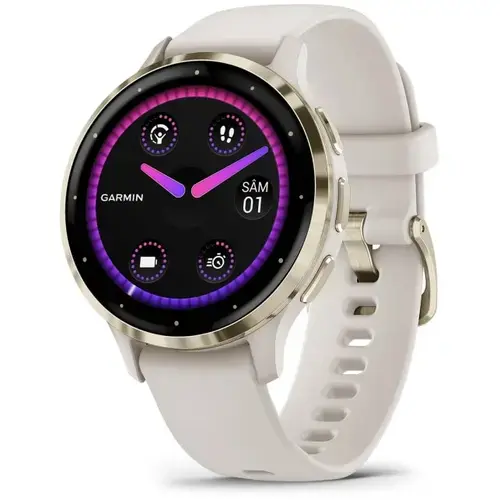 Ceas activity outdoor tracker Garmin Venu 3S, GPS, Wi-Fi, curea silicon, Ivory/Soft Gold
