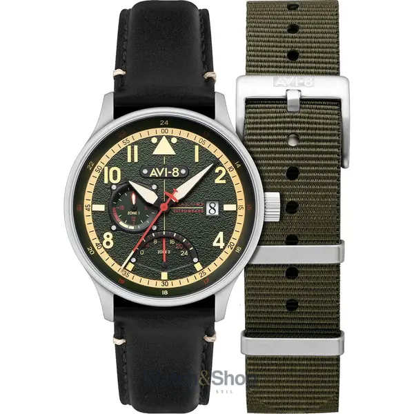 Ceas AVI-8 AVI-8 AV-4101-0A Mens Watch Hawker Hurricane McKellar Dual Time 44mm 5ATM