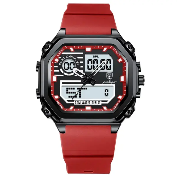 Ceas barbatesc digital Poedagar CS1763, silicon, rosu, cadran negru