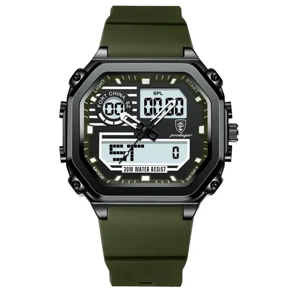 Ceas barbatesc digital Poedagar CS1764, silicon, verde, cadran negru