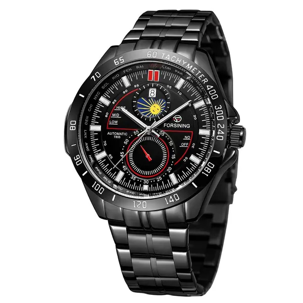 Ceas barbatesc Forsining, business, calendar, mecanism automatic-mecanic, curea din otel inoxidabil neagra