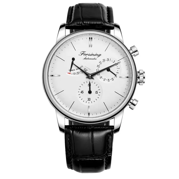 Ceas barbatesc Forsining, business, calendar, mecanism automatic-mecanic, curea din piele ecologica neagra, afisaj pentru rezerva de putere