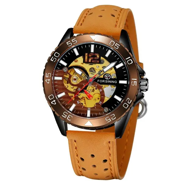 Ceas barbatesc Forsining, model sport, carcasa Skeleton maro, bratara din piele ecologica culoare maro, mecanism automatic, rezistent la apa 3ATM + cutie cadou