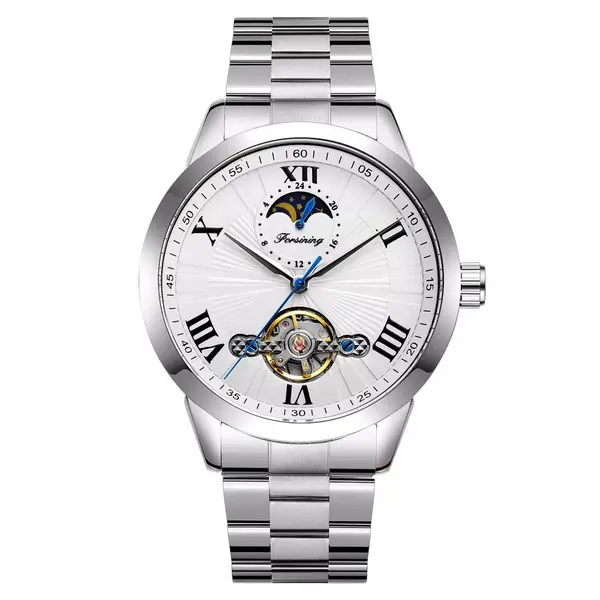 Ceas barbatesc Forsining silver, Skeleton, Moon Phase(arata noapte/zi), mecanism automatic, curea din otel inoxidabil, stil Fashion, tourbillon