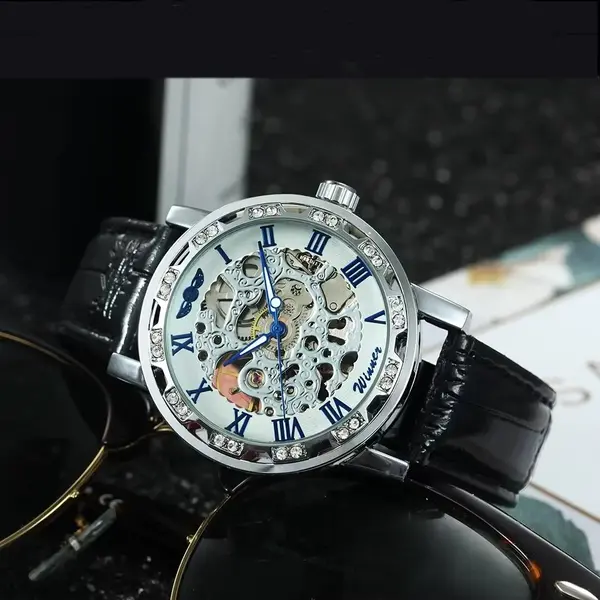 Ceas barbatesc Winner CS1746, automatic, piele naturala, negru, cadran alb