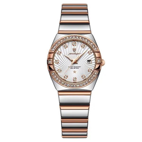 Ceas de dama Poedagar CS1866, otel inoxidabil, argintiu-rose gold, cadran alb