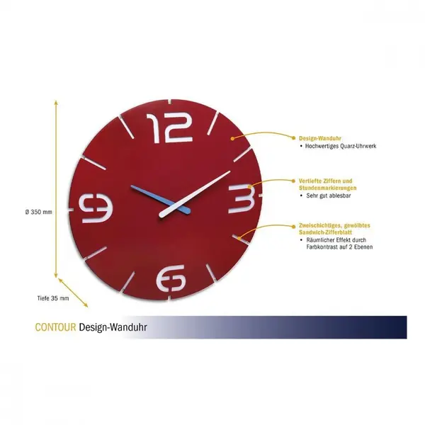 Ceas de perete colorat analog creat de designer model Contour rosu