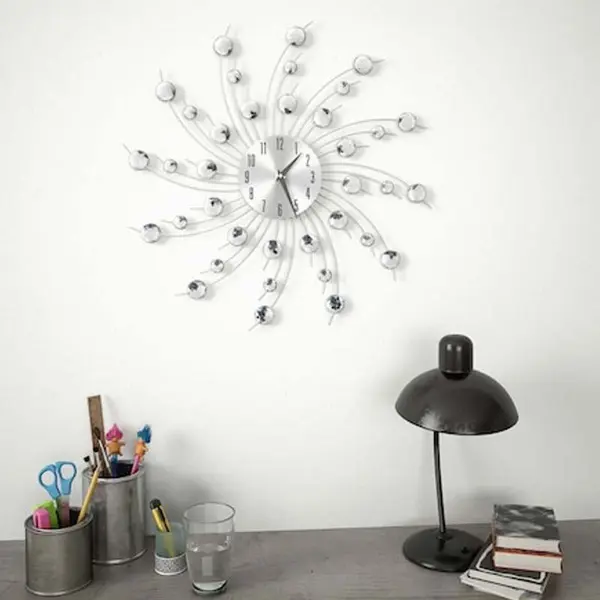 Ceas de perete cu cristale, 50 cm, mecanism quartz, cifre arabe, argintiu
