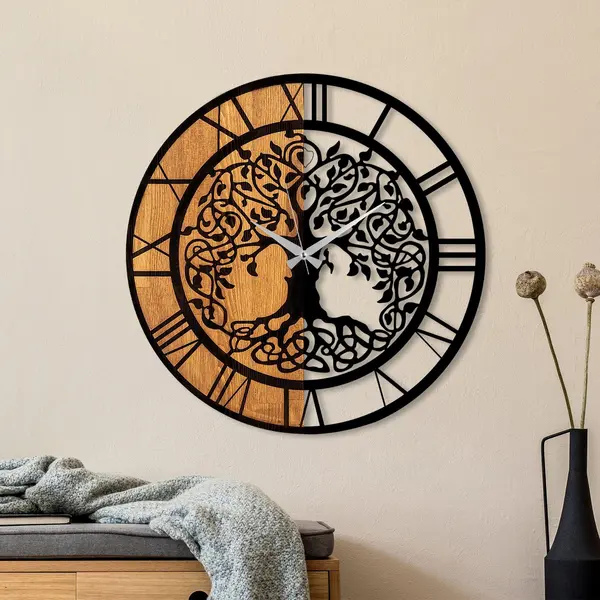 Ceas de perete decorativ din lemn Wooden Clock , Nuc, 56x56 cm