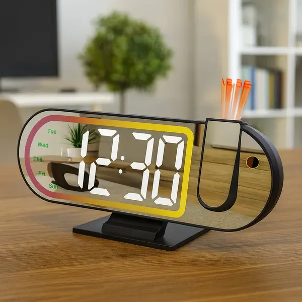 Ceas digital cu proiectie, design minimalist si futurist, afisaj LED, temperatura, calendar si lumina ambientala – 23 × 9.5 cm