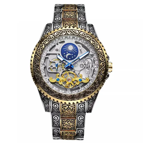 Ceas Forsining schelet barbatesc automatic auriu/argintiu, cu tourbillon si Moon Phase(arata noapte/zi), bratara din otel inoxidabil, rezistent la zgarieturi, stil fashion