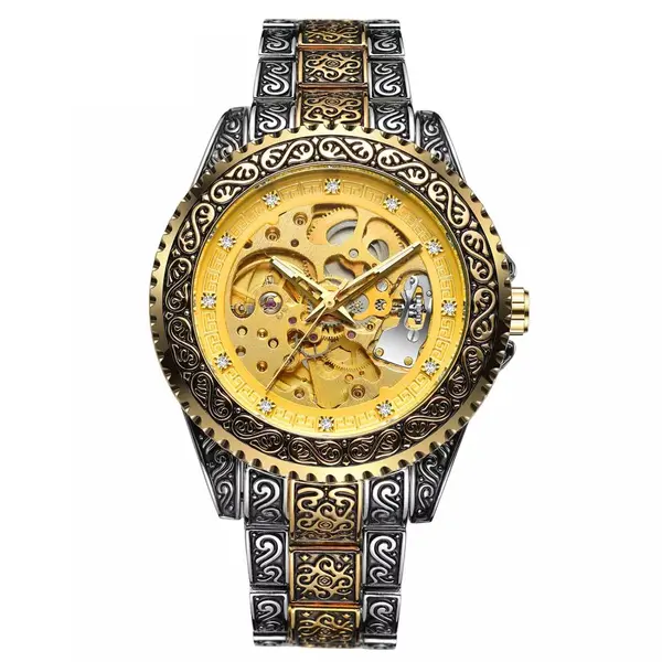 Ceas Forsining schelet barbatesc automatic auriu, bratara din otel inoxidabil, rezistent la zgarieturi (Hardlex) Cristal Mineral, stil fashion