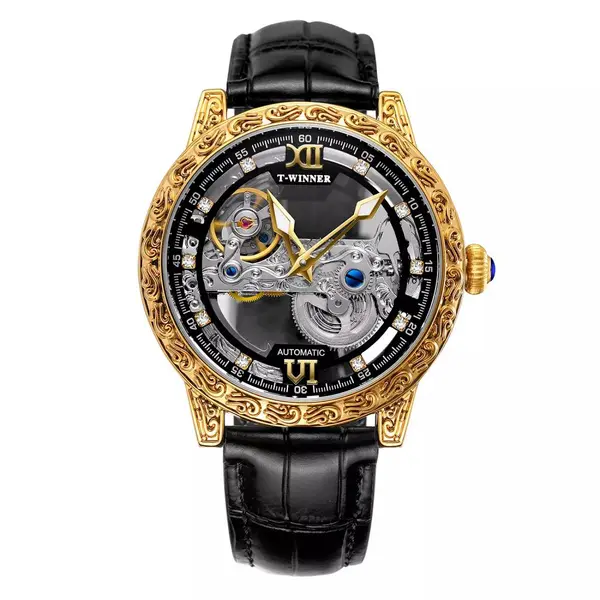 Ceas Forsining schelet barbatesc automatic auriu/negru, cu tourbillon, bratara din piele, rezistent la zgarieturi, stil fashion