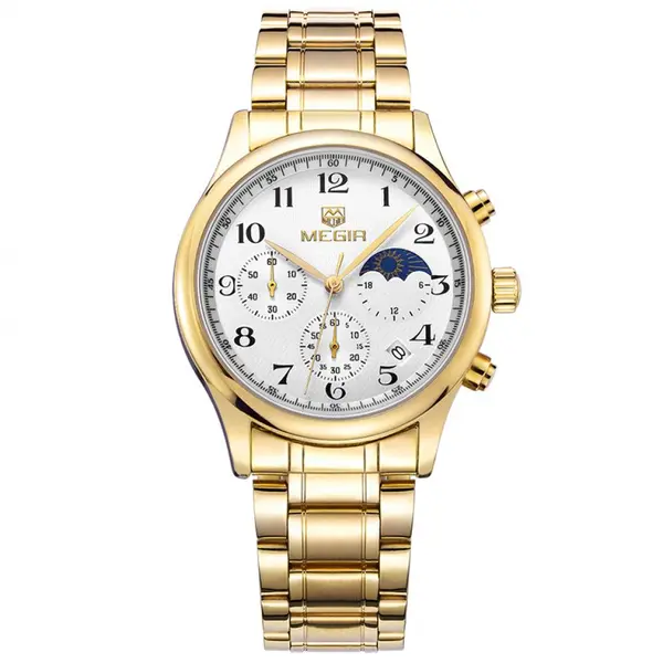Ceas Megir barbatesc, Moon Phase, rezistent la apa 3Bar, mecanism Quartz, curea din otel inoxidabil, afisaj analogic, stil Fashion + cutie cadou